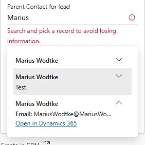 Lookups show the Key Fields (Contact has Job Title and Account Name, “Test” is an Account Name here) and unfolding reveals the emailaddress and a link to Dynamics.